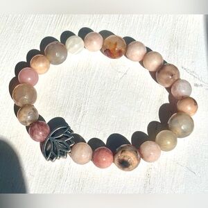 Pink and Brown Beaded Bracelet with Silver Lotus Charm
